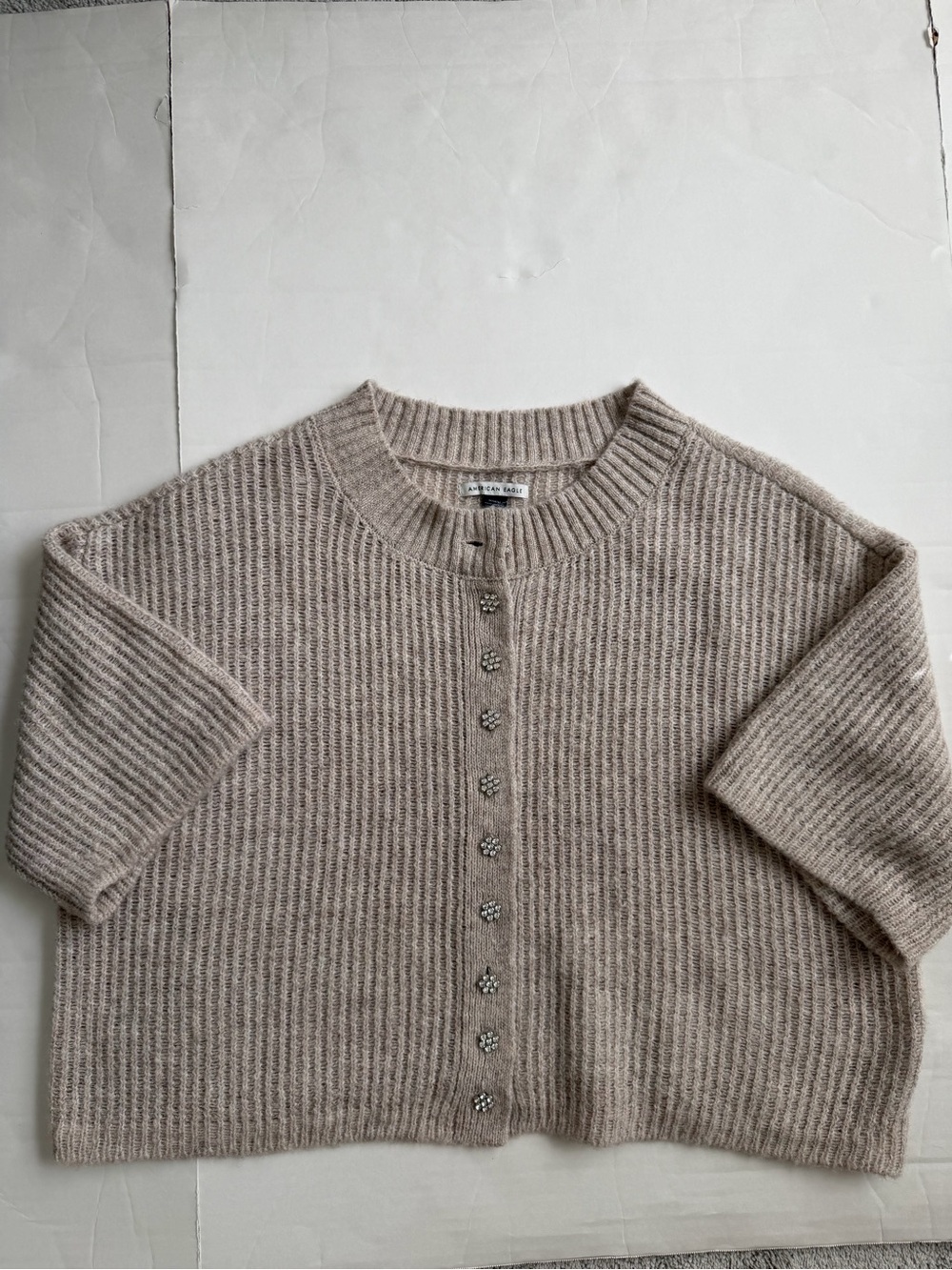 AE Short-Sleeve Ribbed Button-Front Sweater - Picture 3 of 8